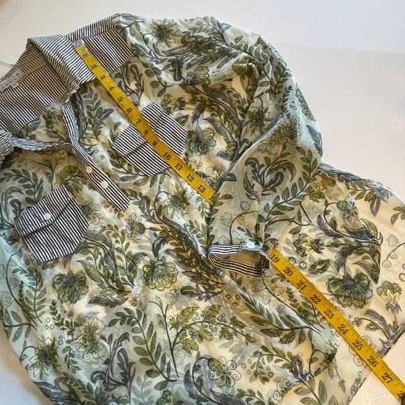 Adore Sheer Floral & Striped Twill Mixed Media Top Women's XL Green Gray Button - Picture 7 of 7
